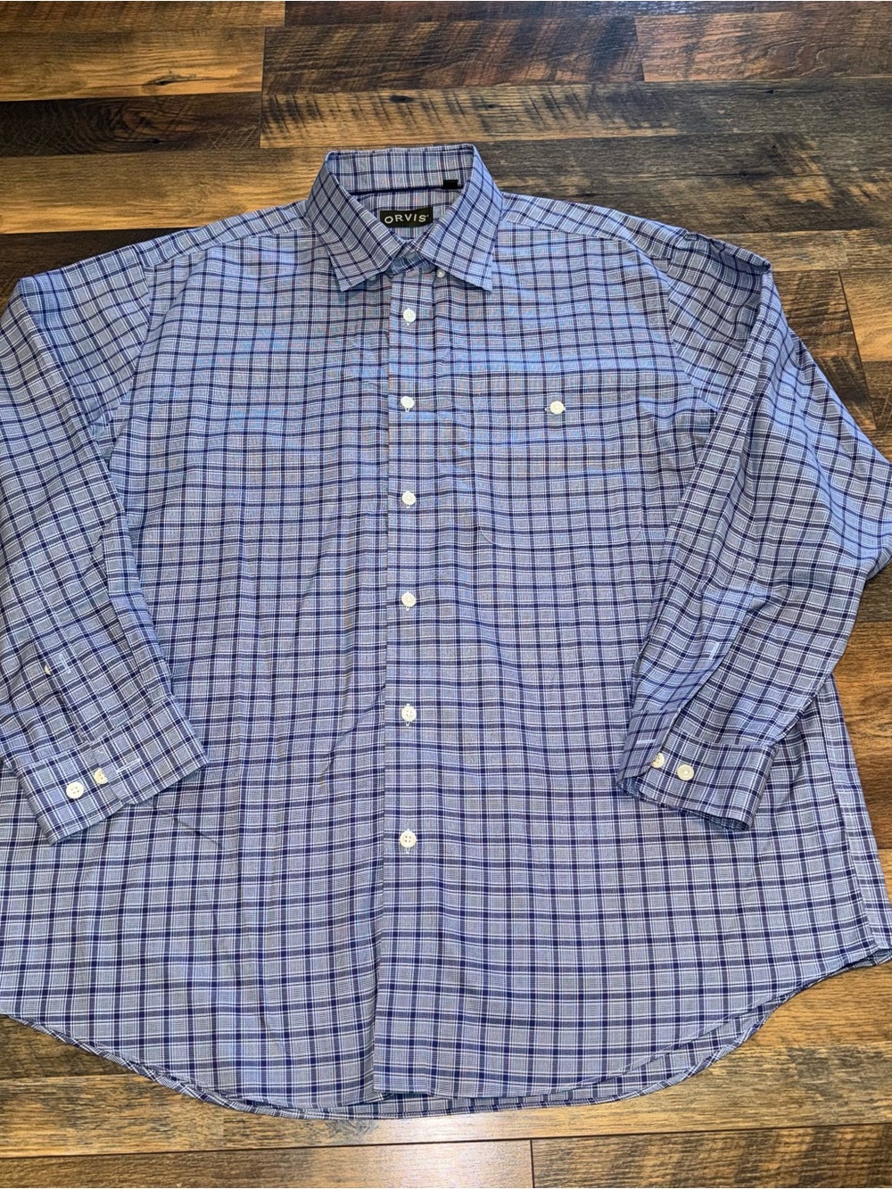 Orvis Men's Light Blue and Navy Checked Button-Down Shirt